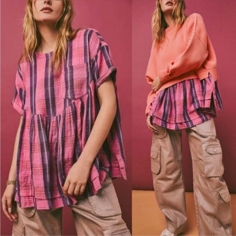 NEW Free People Moon City Plaid Top Size S Pink Blue